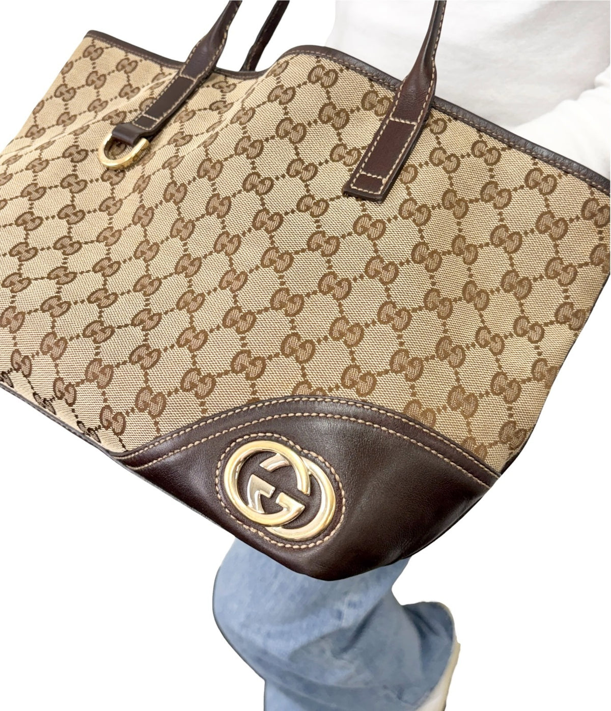 GUCCI Vintage GG Monogram Tote Shoulder Bag Brown Beige Canvas Leather 902323