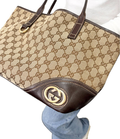 GUCCI Vintage GG Monogram Tote Shoulder Bag Brown Beige Canvas Leather 902323