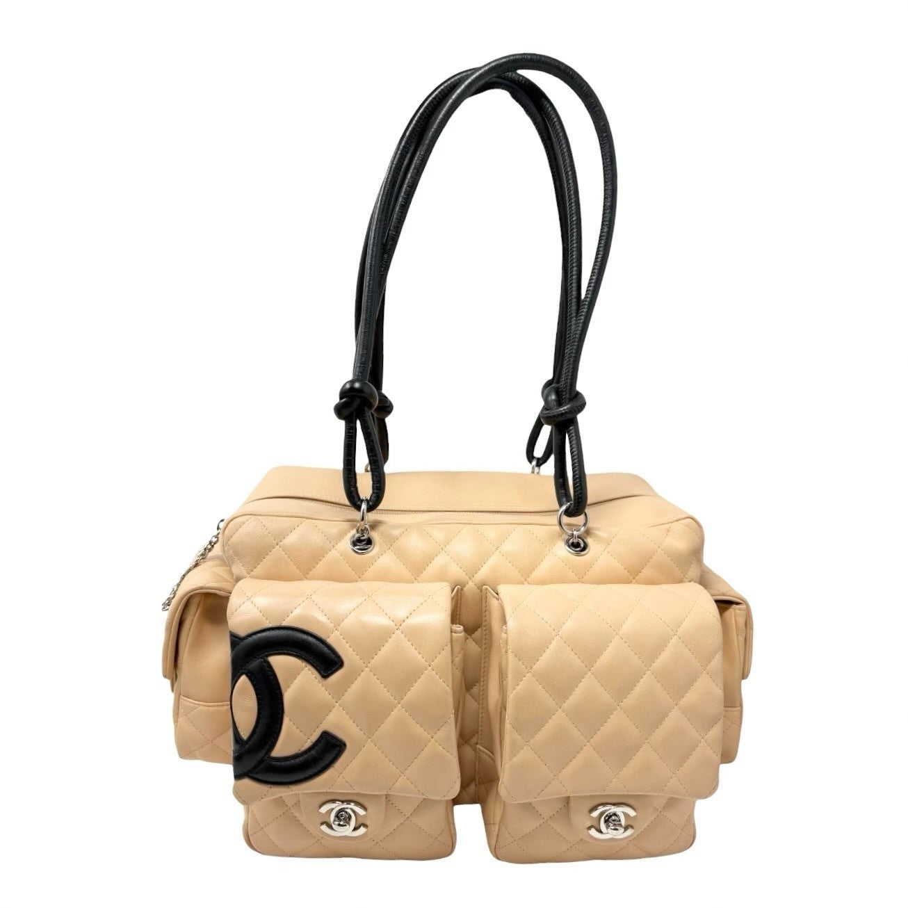 CHANEL Vintage Cambon Line CC Logo Quilted Shoulder Bag Beige Black Leather