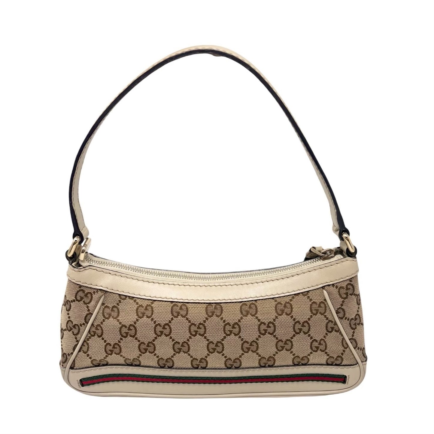 GUCCI Vintage GG Monogram Web Stripe Canvas Shoulder Bag Beige Ribbon 902290