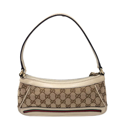 GUCCI Vintage GG Monogram Web Stripe Canvas Shoulder Bag Beige Ribbon 902290