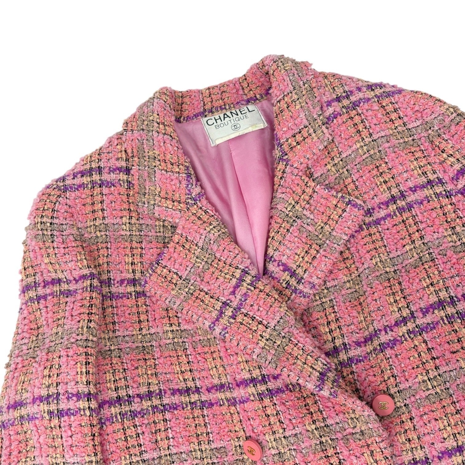 CHANEL Vintage 94A CC Logo Button Tweed Blazer Jacket Pink Multicolor Wool