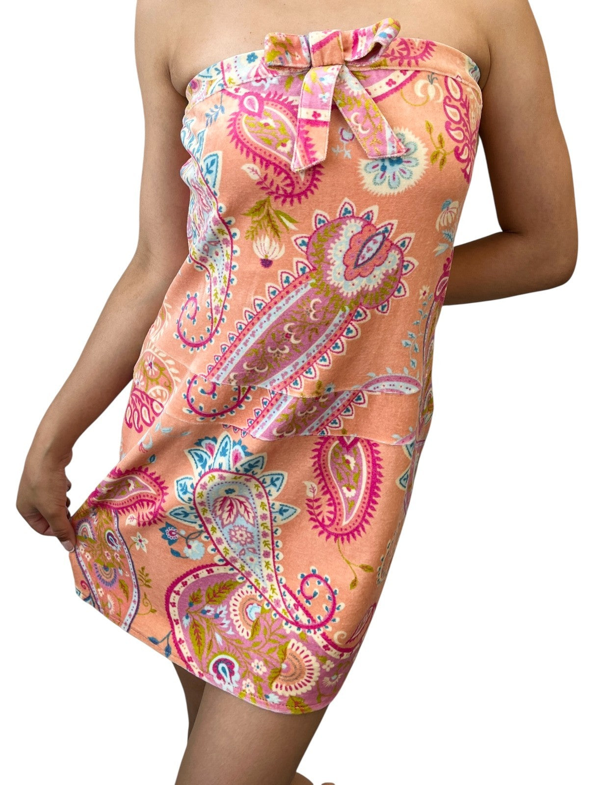 Christian Dior Vintage Velour Dress #40 One-Piece Paisley Ribbon Pink Cotton