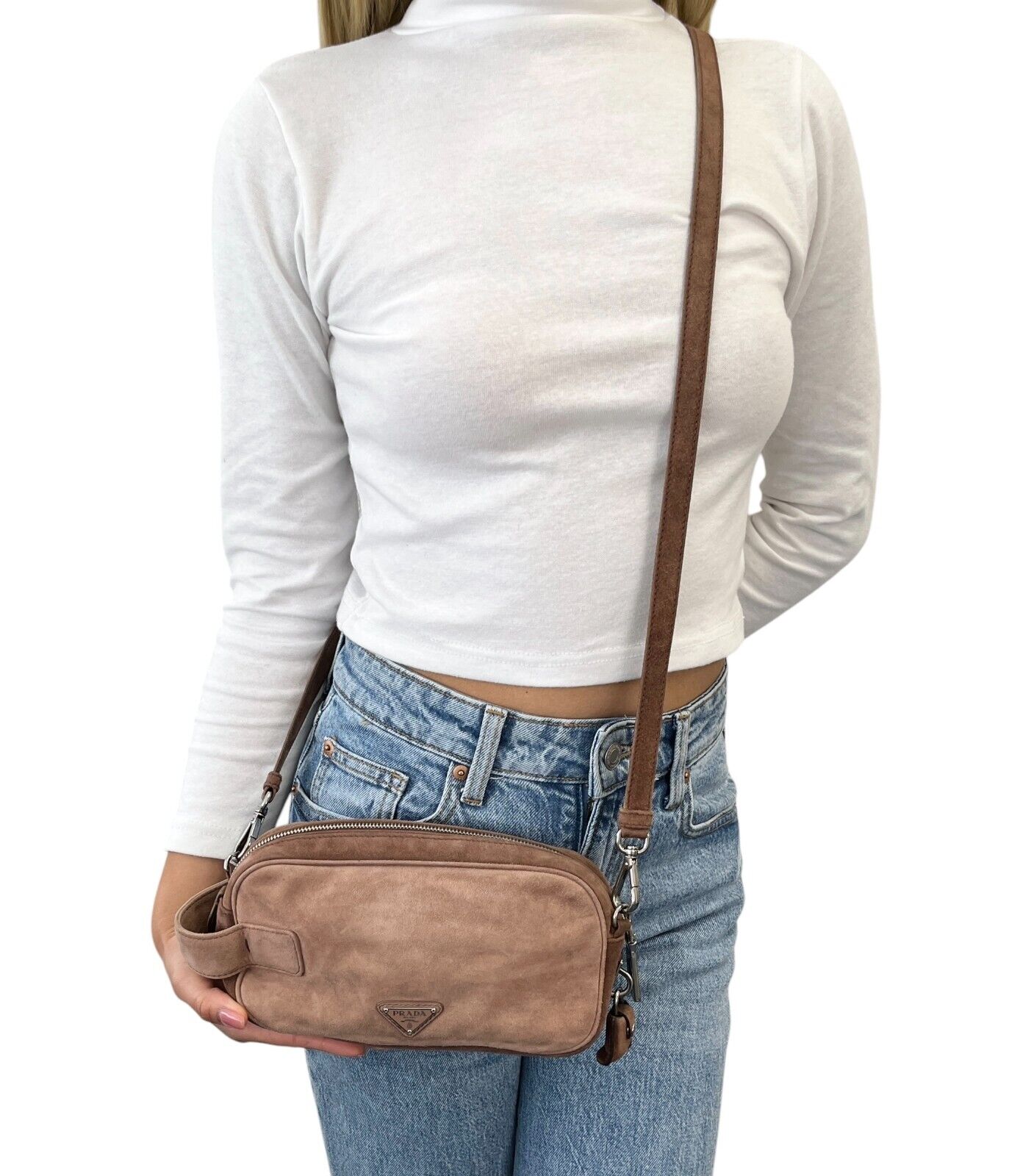 PRADA Vintage Logo 2way Crossbody Bag Clutch Pochette Mocha Brown Suede Zip