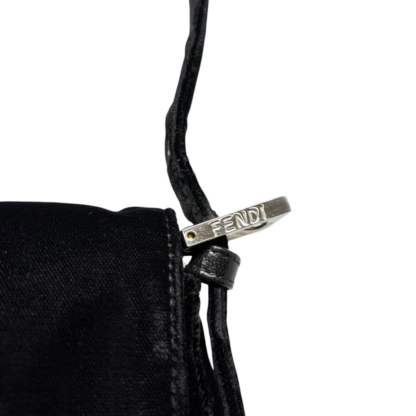FENDI Vintage FF Logo Mamma Baguette Shoulder Bag Black Silver Velour 902207
