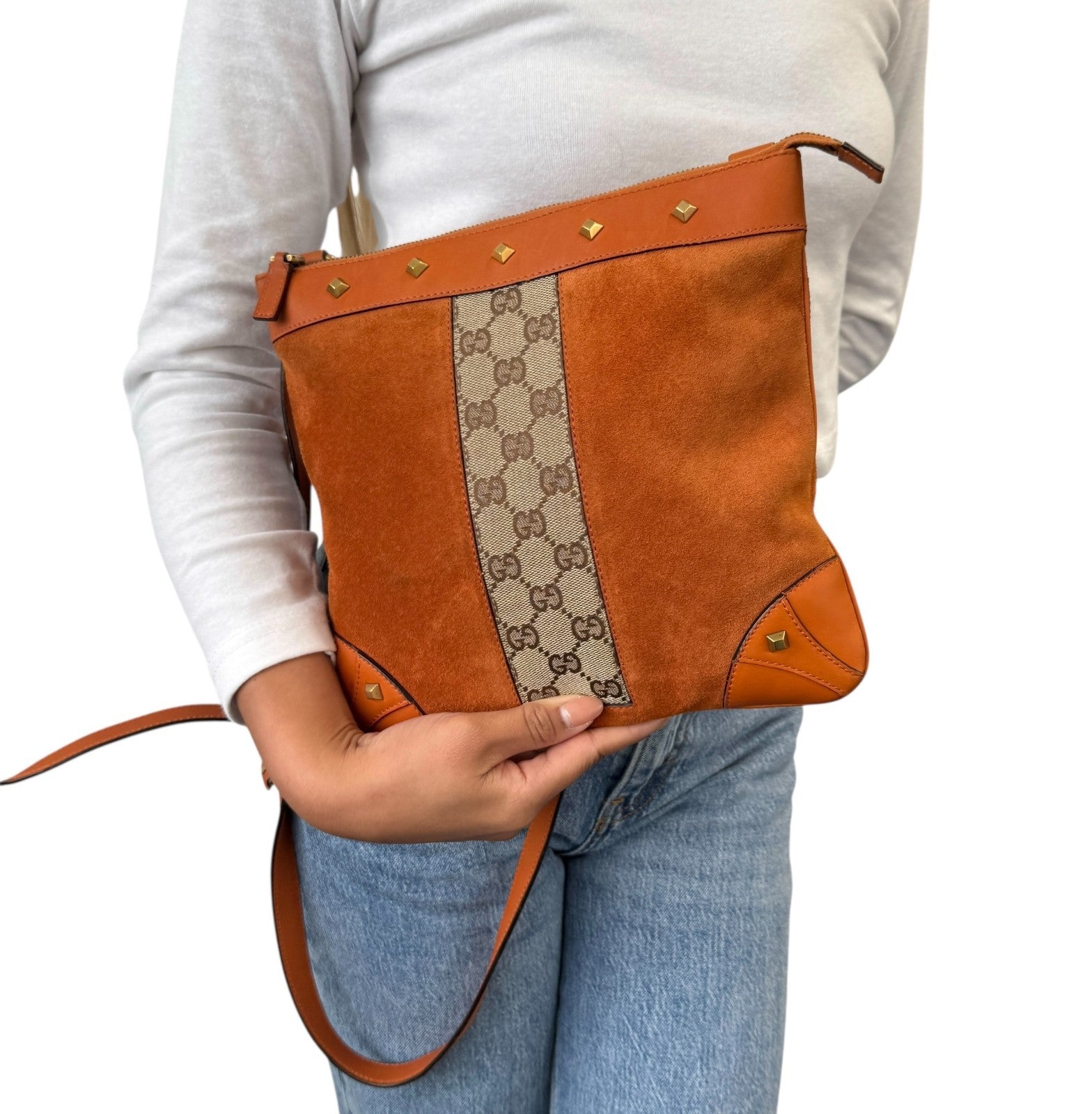 GUCCI Vintage GG Monogram Crossbody Bag Orange Suede Canvas Leather Nailhead