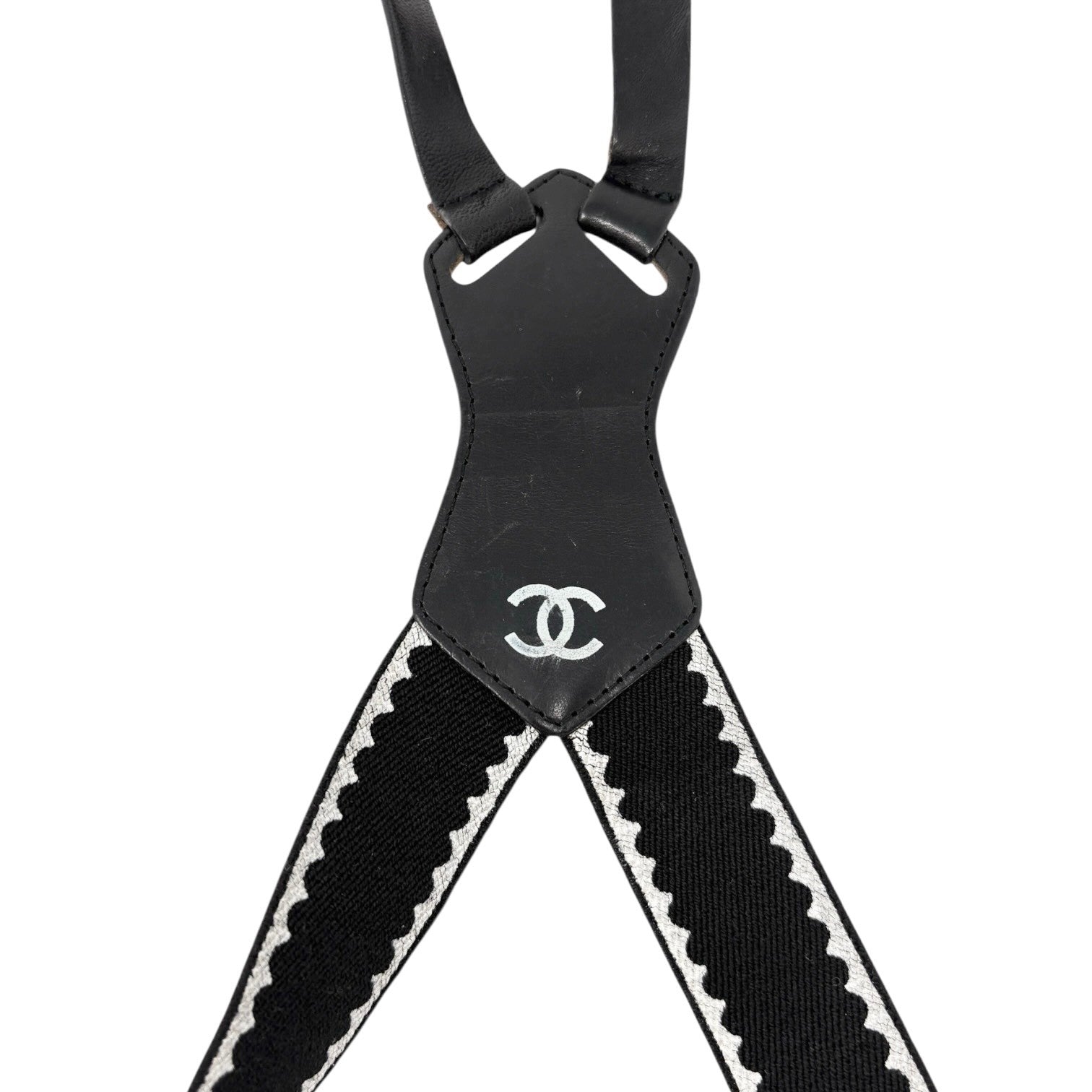 CHANEL Vintage 1994 CC Logo Letter Suspender Belt Black White Cotton Leather