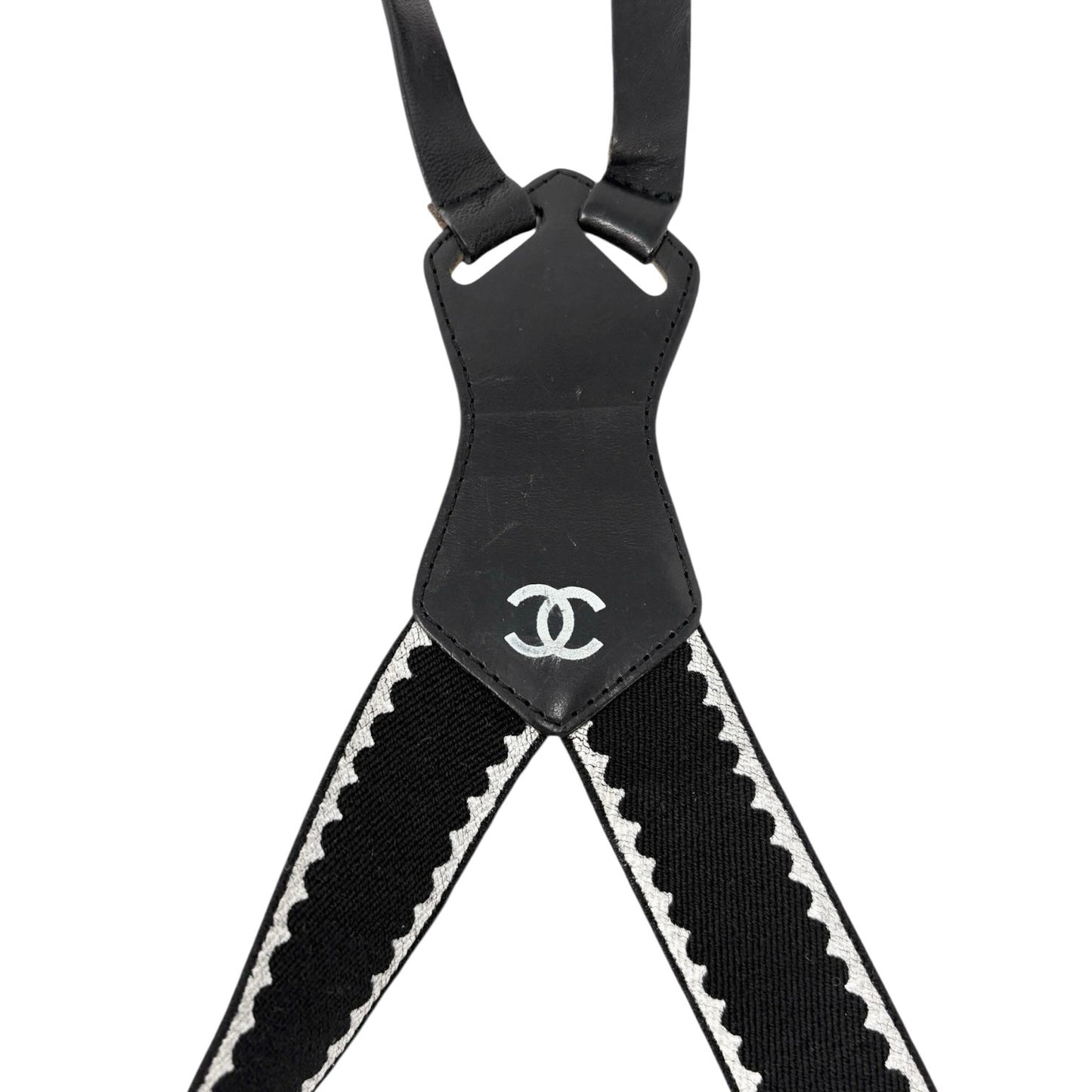CHANEL Vintage 1994 CC Logo Letter Suspender Belt Black White Cotton Leather