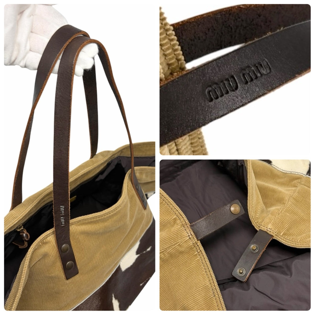 miu miu Vintage Pony Calf Hair Shoulder Bag Brown Beige White Corduroy 902372