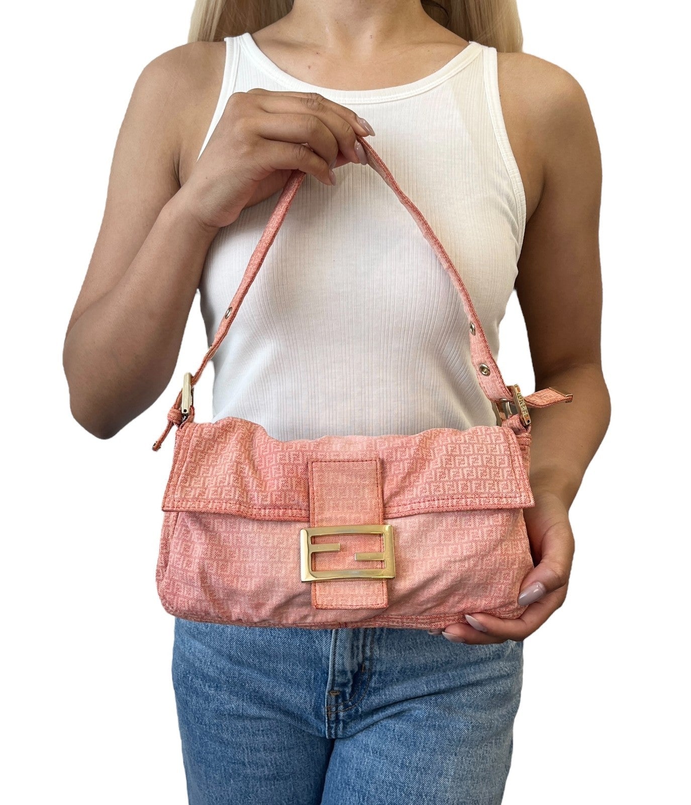 FENDI Vintage Zucchino Monogram Mamma Baguette Shoulder Bag Orange Pink Gold