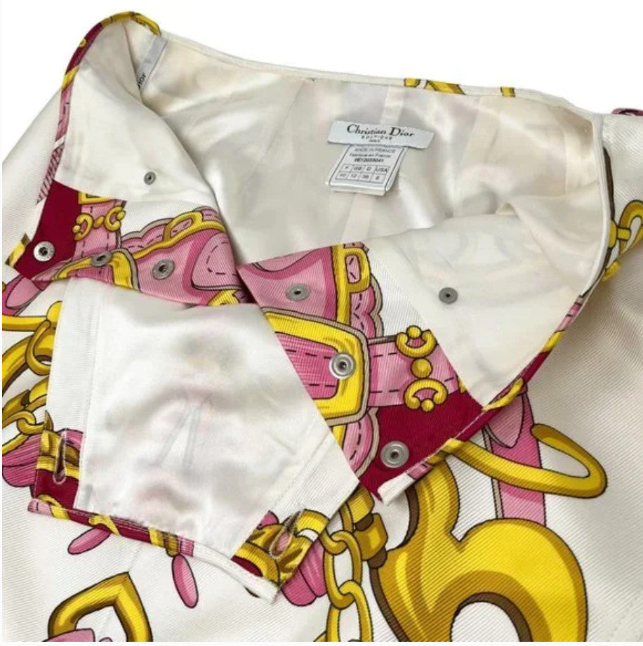 Christian Dior Vintage 2000 Logo Knee Length Skirt #40 White Pink Silk