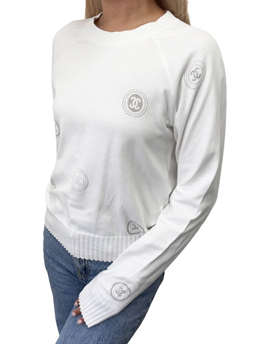 CHANEL Vintage 01P CC Stamp Logo Long Sleeve Shirt Top #38 White Greige 902431