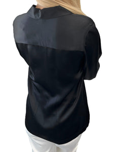 CHANEL Vintage CC Logo Silk Shirt Top Blouse Gold Button Black Silk Long Sleeve