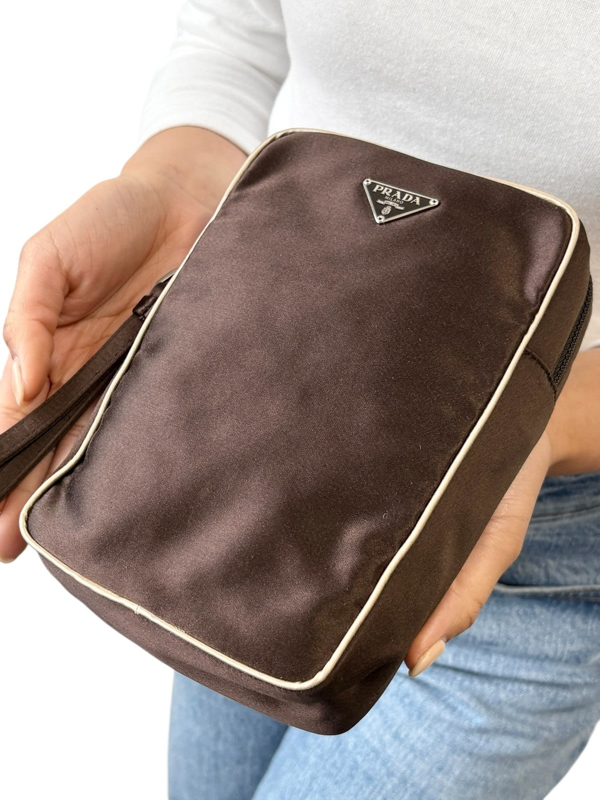 PRADA Vintage Triangle Logo Satin Wristlet Clutch Bag Brown Beige Pouch
