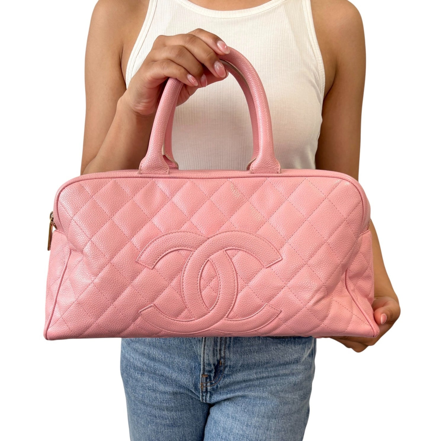 CHANEL Vintage Bic CC Logo Timeless Quilted Leather Boston Bag Pink 902272