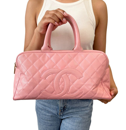 CHANEL Vintage Bic CC Logo Timeless Quilted Leather Boston Bag Pink 902272