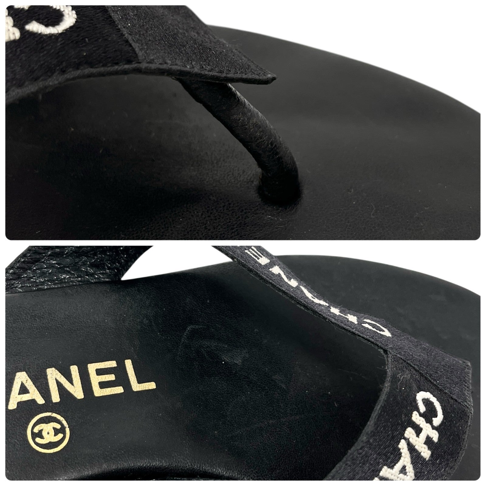 CHANEL Vintage CC Mark Logo Flip-Flops Sandals #37 Flat Black Leather Satin