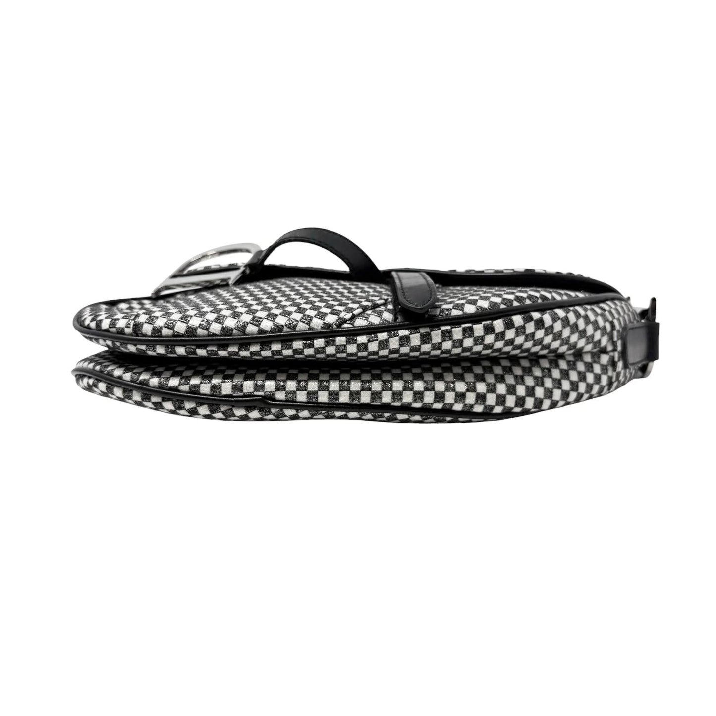 Christian Dior Vintage 2002 Checkered Glitter Saddle Bag Black Silver Cotton