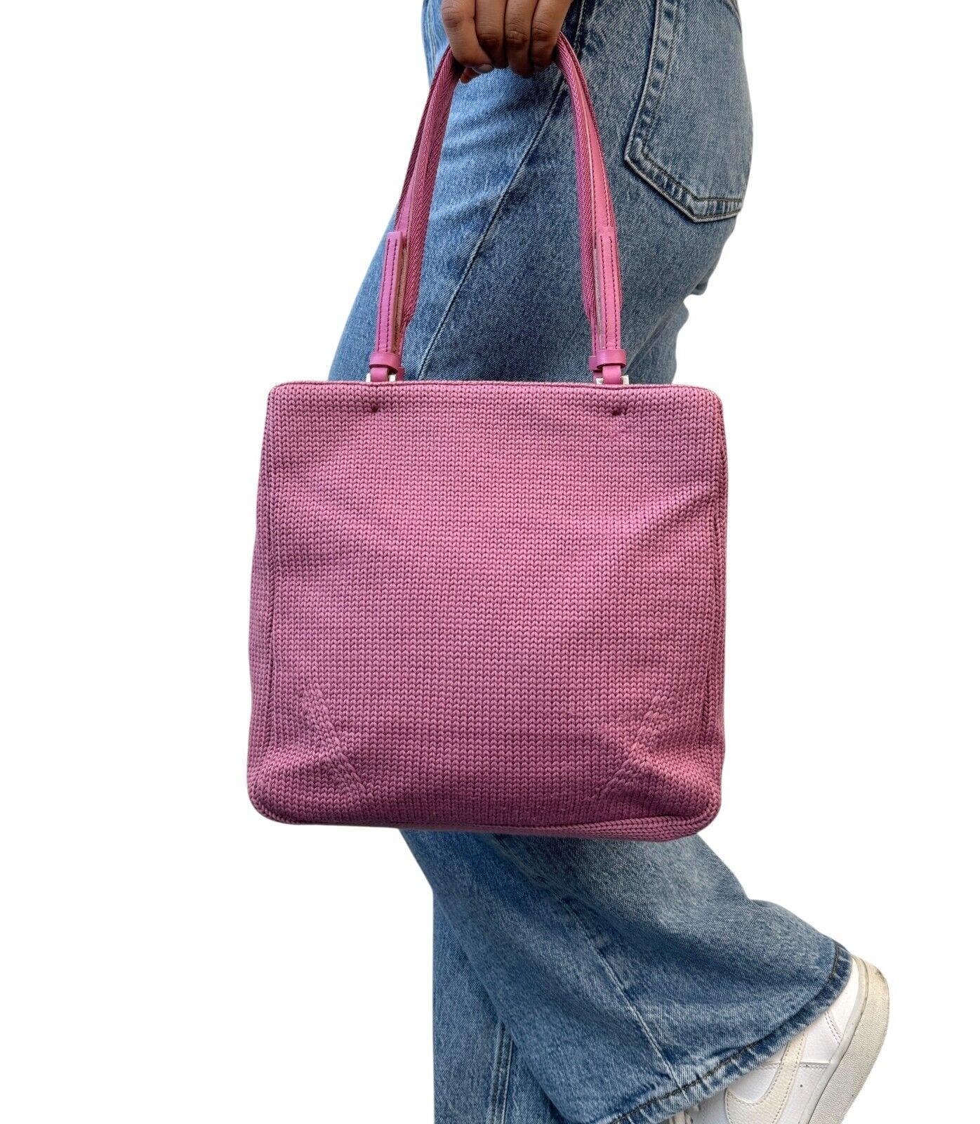 PRADA Vintage Logo Knit Tote Bag Shoulder Bag Pink Silver Wool Leather