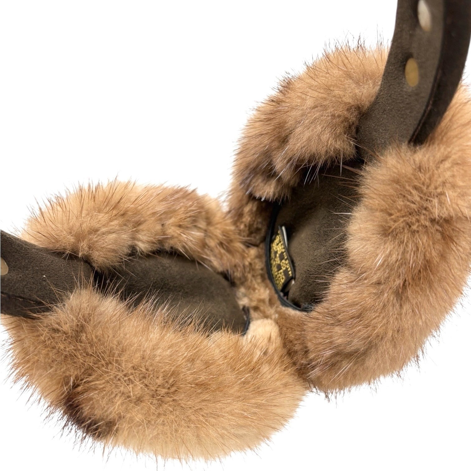 LOUIS VUITTON Vintage LV Monogram Mink Earmuffs Brown Gold Suede Accessory
