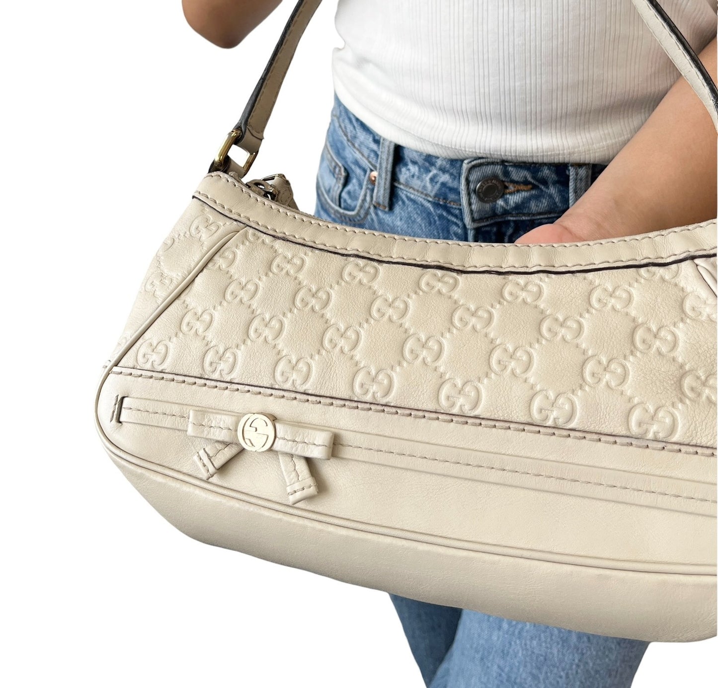 GUCCI Vintage GG Interlocking Monogram Shoulder Bag Beige Ribbon Zip 902282