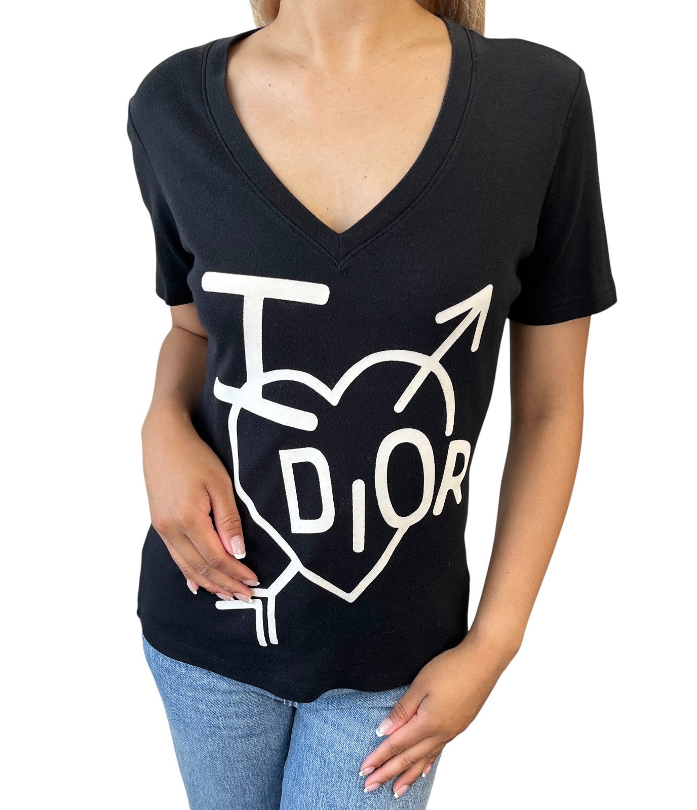 Christian Dior Vintage I Love Heart Big Logo T-shirt #38 Cotton Black White