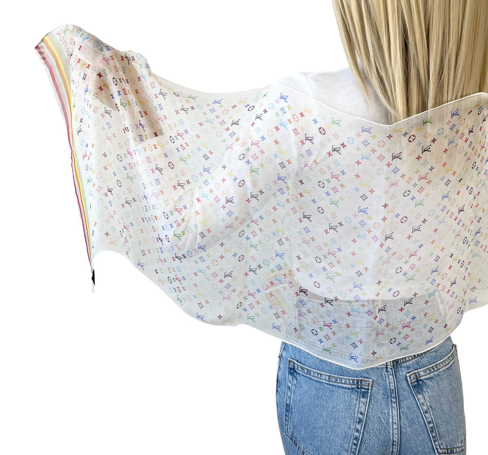 LOUIS VUITTON Vintage LV Logo Monogram Scarf Wrap Shawl Multicolor Silk