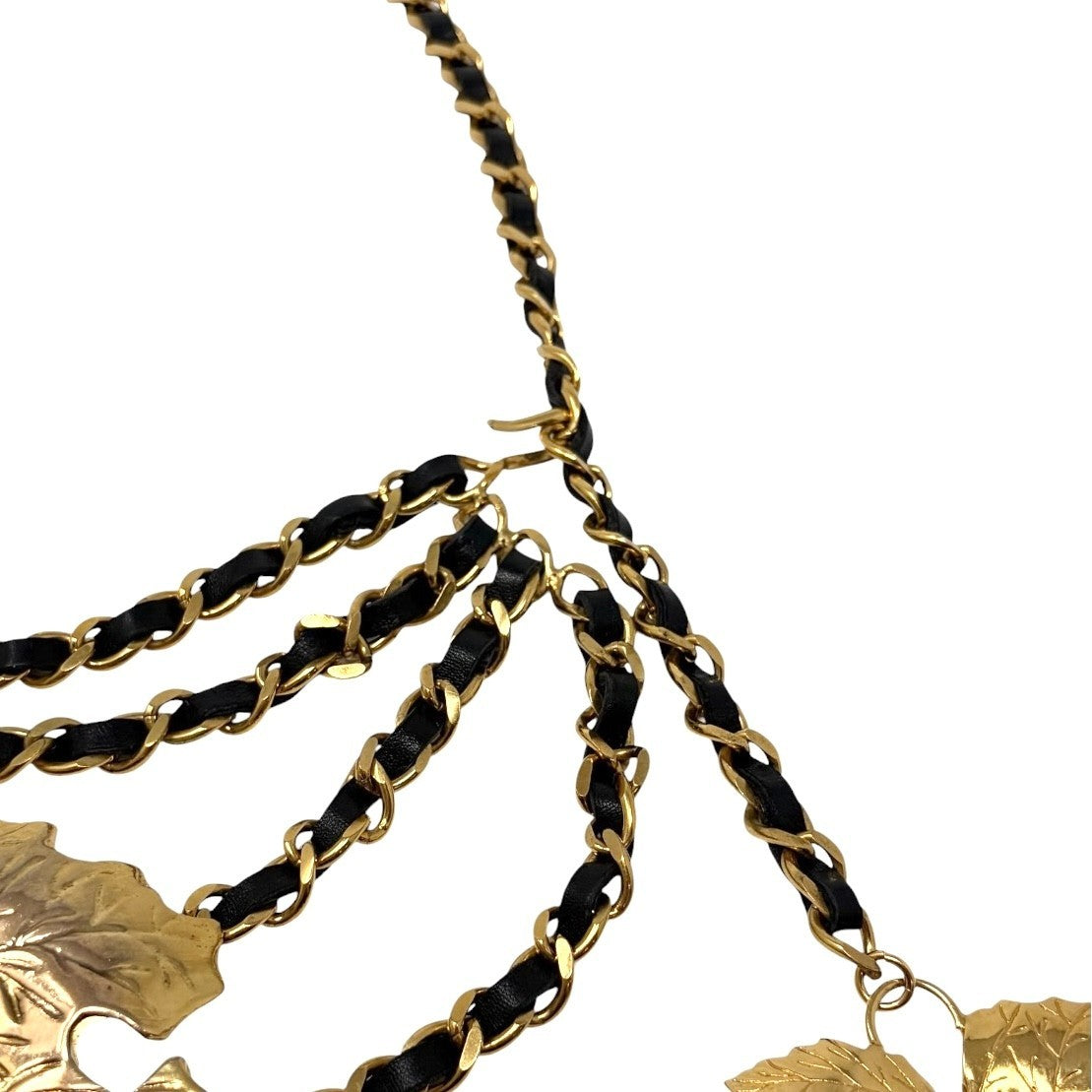 CHANEL Vintage 1991 CC Logo Big Leaf Leather Chain Belt Black Gold 902002