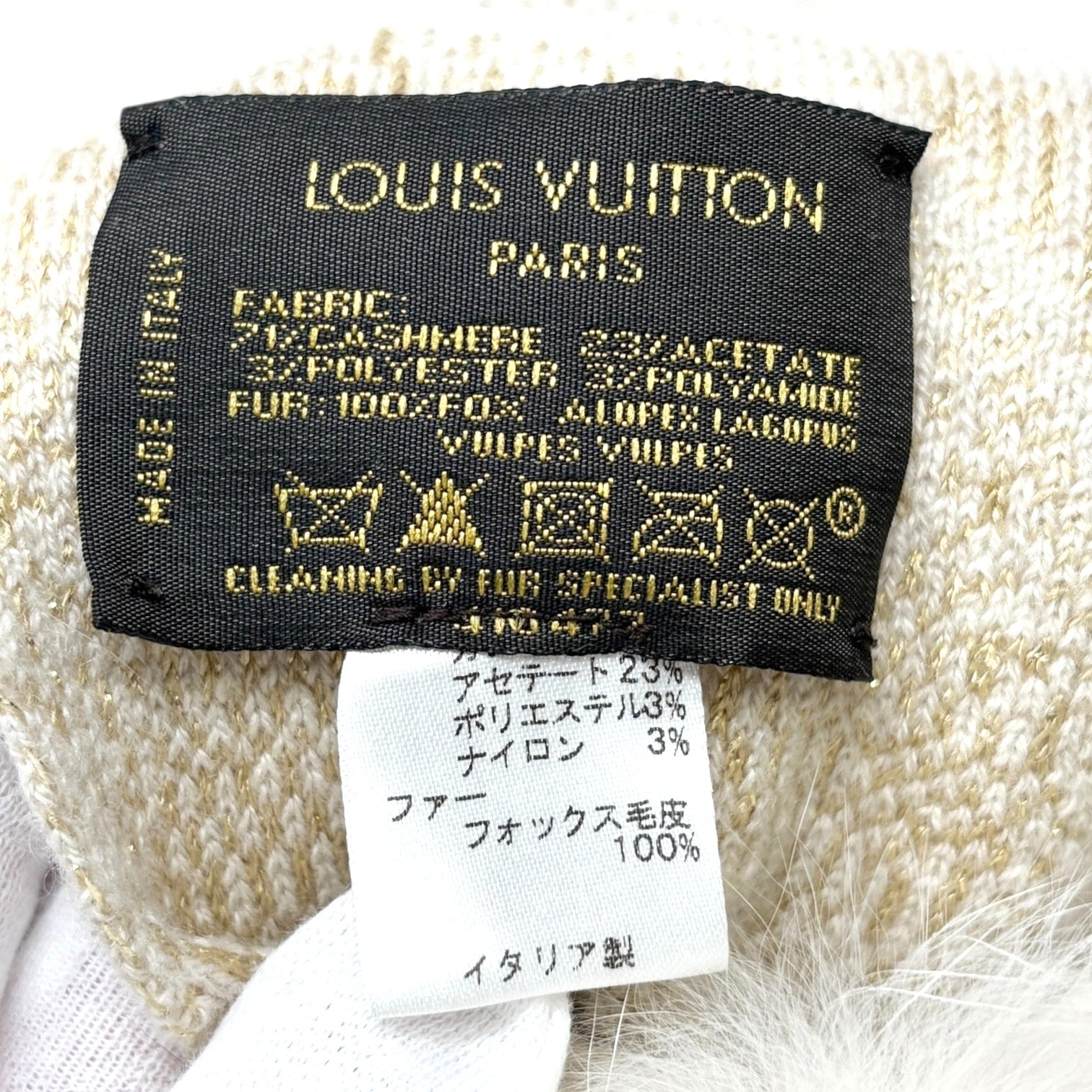 LOUIS VUITTON Vintage Monogram Shine Fox Fur Knit Scarf Shawl Cream Cashmere