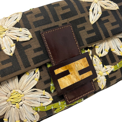 FENDI Vintage FF Zucca Mamma Baguette Shoulder Bag Flower Brown Canvas 902041