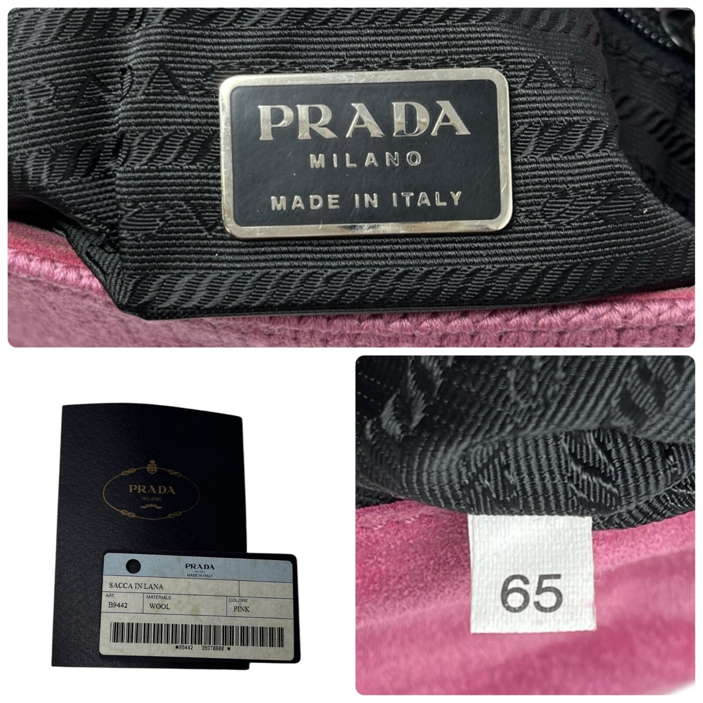 PRADA Vintage Logo Knit Shoulder Bag Pink Silver Cotton Nylon Zip