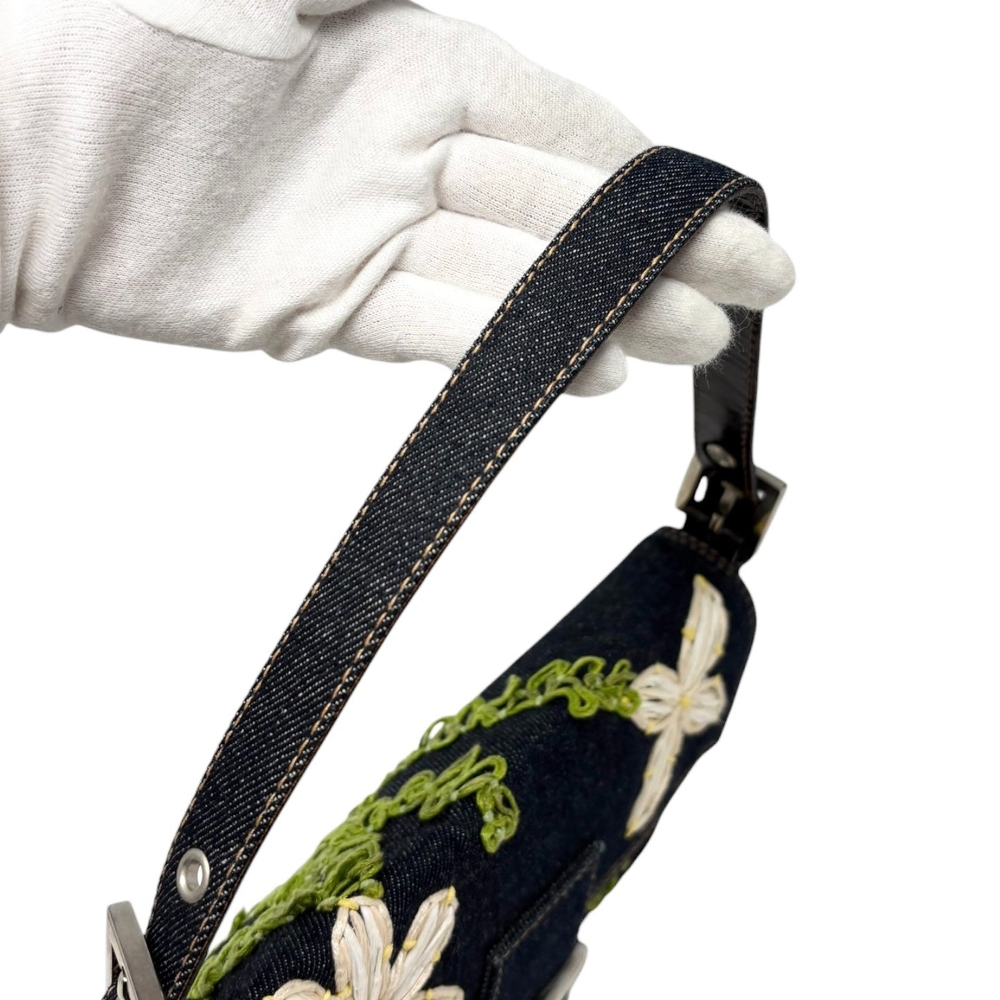 FENDI Vintage Mamma Baguette Denim Shoulder Bag Flower Blue Cotton 901871