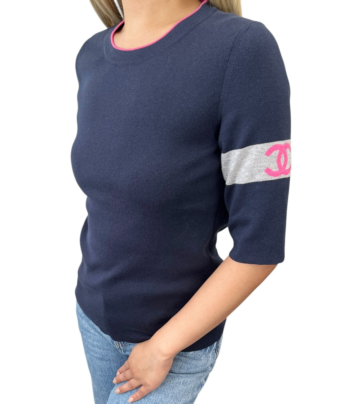CHANEL Vintage 08P CC Logo Cashmere Knit Top #46 Dark Blue Pink Gray 902453