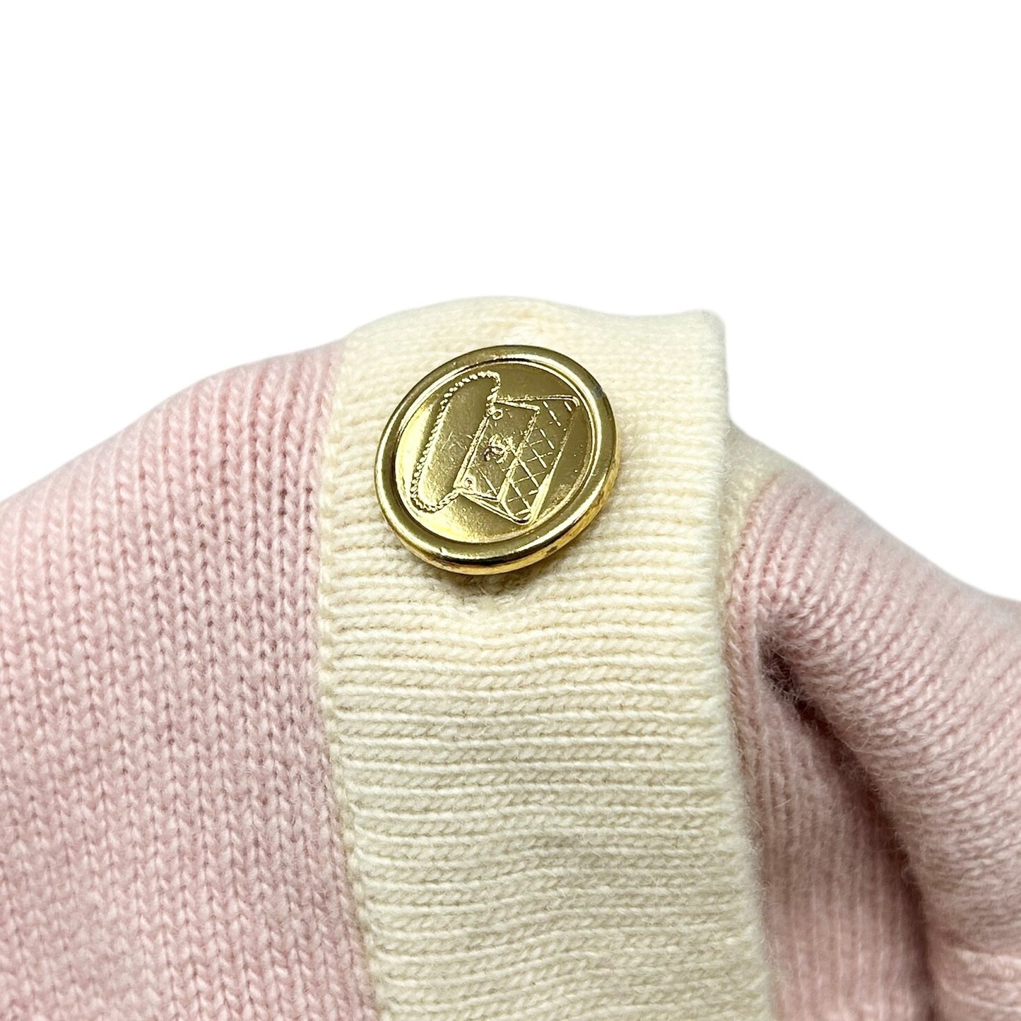 CHANEL Vintage CC Mark Logo Cardigan Pink Cream Cashmere Button Pockets Sweater