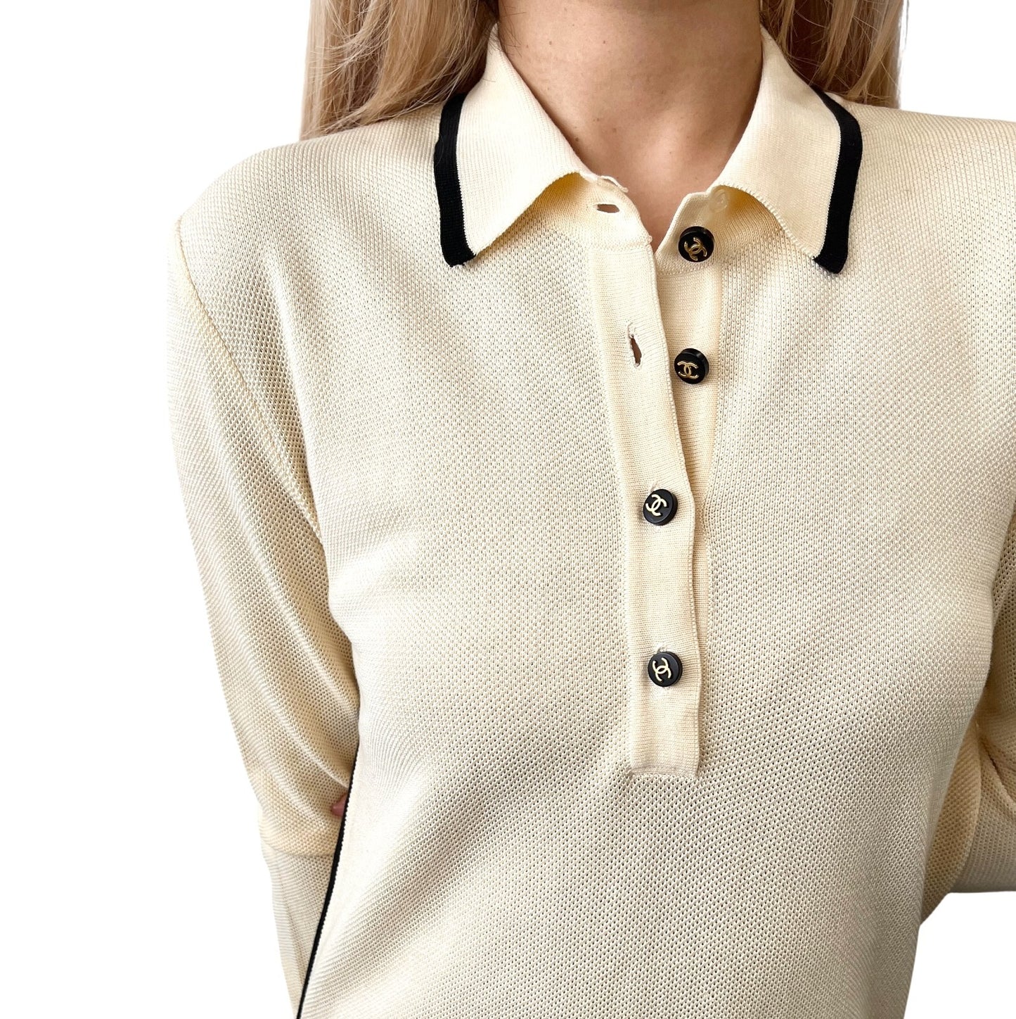 CHANEL Vintage CC Logo Polo Bicolor Dress One-piece Cream Black Cotton Button