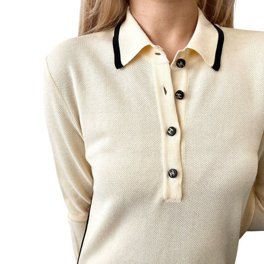CHANEL Vintage CC Logo Polo Bicolor Dress One-piece Cream Black Cotton Button