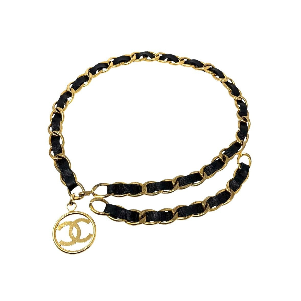 CHANEL Vintage CC Mark Logo Chain Belt Accessory Gold Black Leather Metal 902003