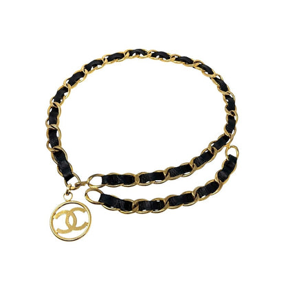 CHANEL Vintage CC Mark Logo Chain Belt Accessory Gold Black Leather Metal 902003