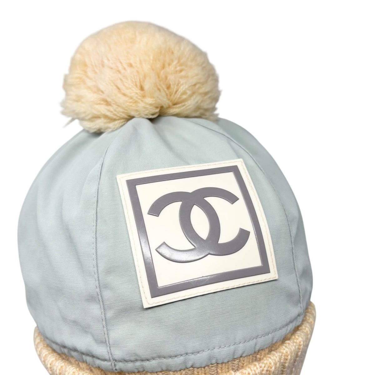 CHANEL Sport Vintage CC Logo Knit Pompom Beanie Hat Cap #M Blue Beige 902497