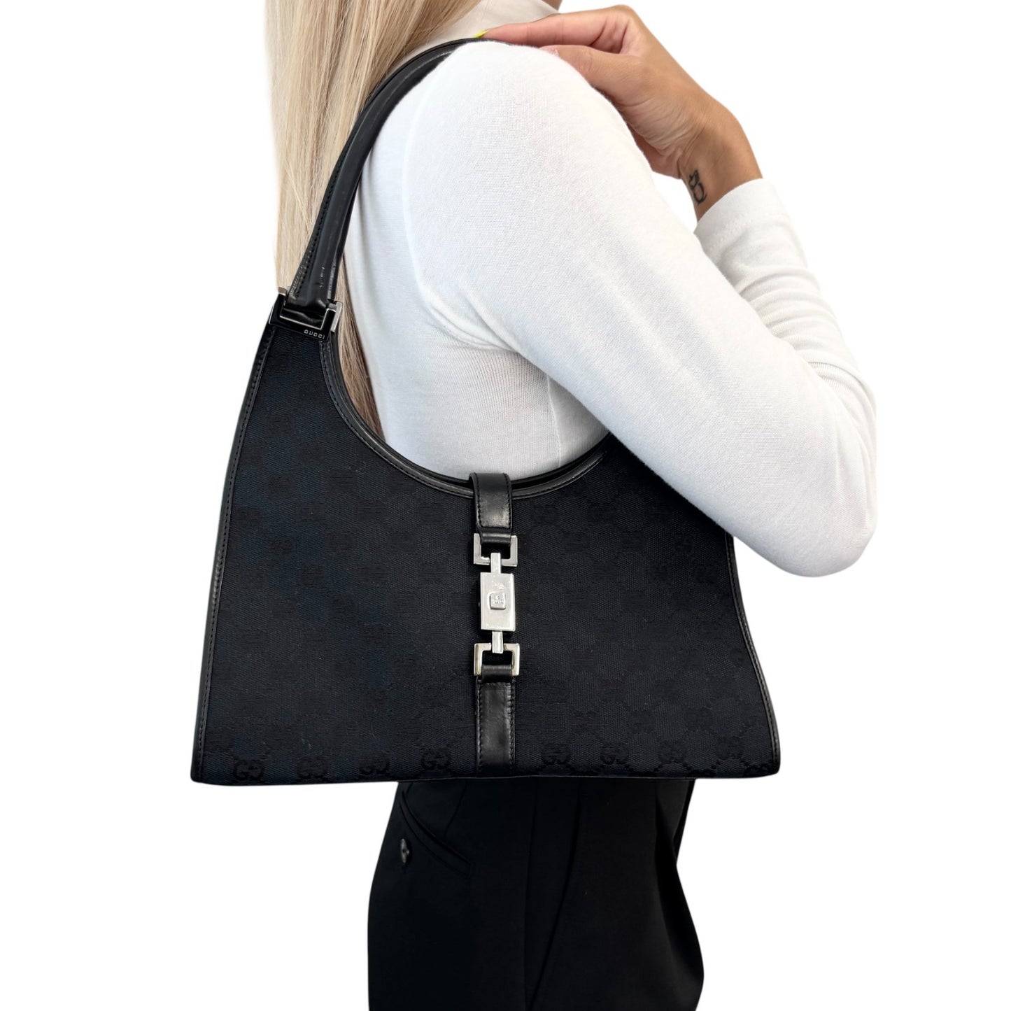 GUCCI Vintage GG Monogram Logo Jackie Shoulder Bag Black Silver Canvas 902251