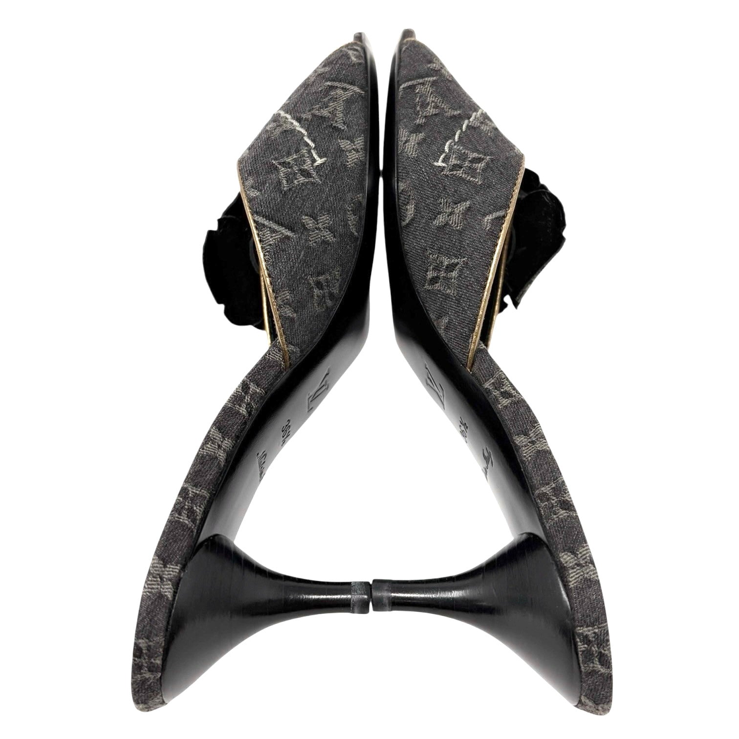 LOUIS VUITTON Vintage Monogram Denim Heels Sandals #36.5 Black Gold Corsage