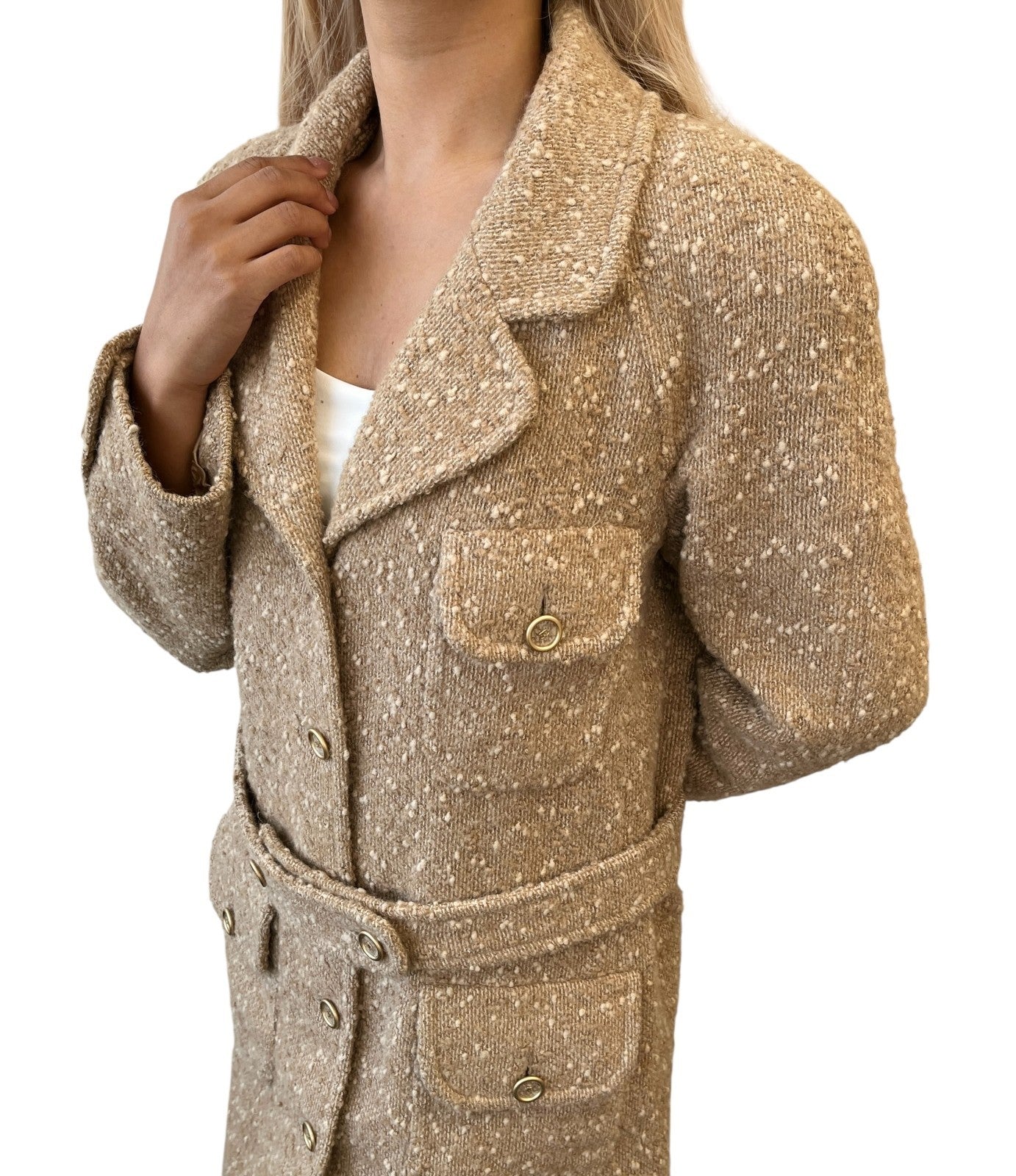 CHANEL Vintage 01A CC Logo Tweed Alpaca Blazer Coat Jacket #38 Light Brown