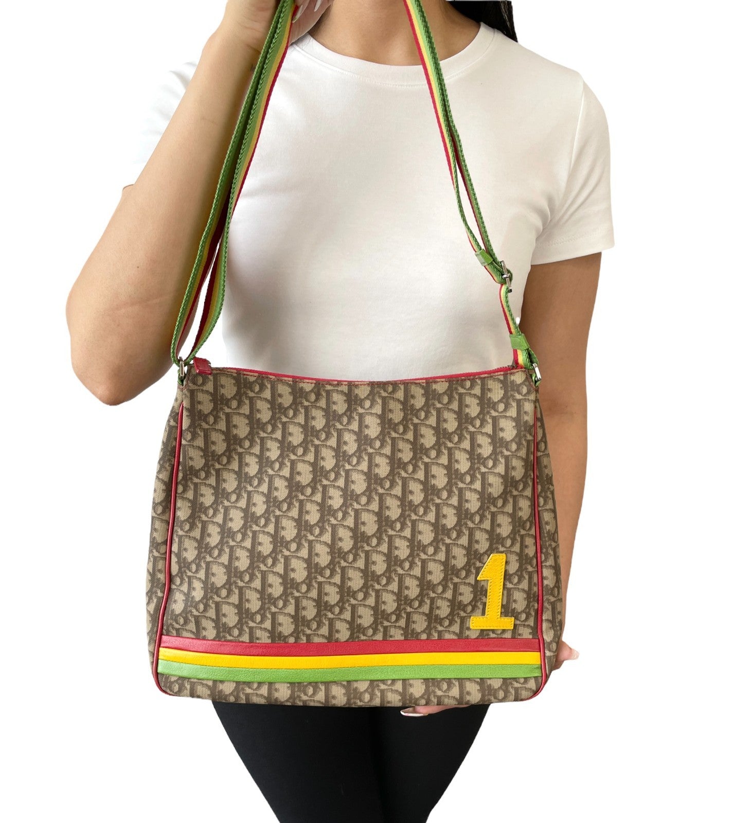 Christian Dior Vintage Rasta Trotter Monogram Crossbody Bag Beige PVC No