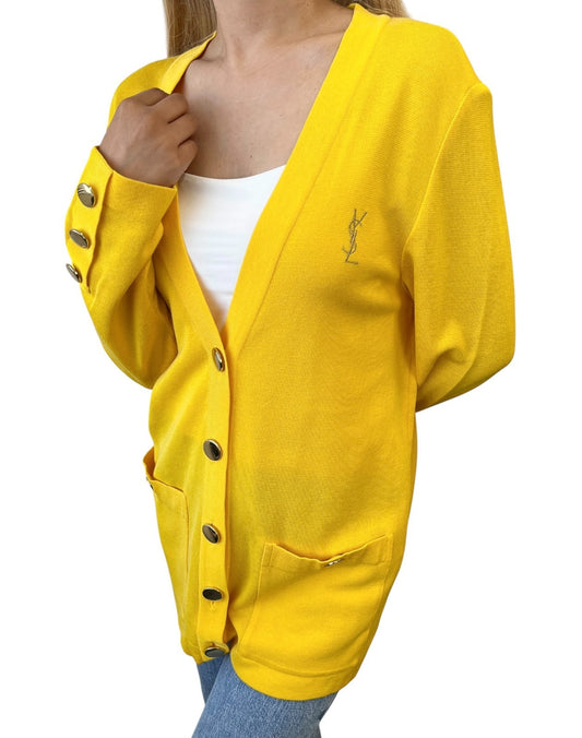 Yves Saint Laurent Vintage YSL Logo Cardigan Top Sweater #M Yellow 901997