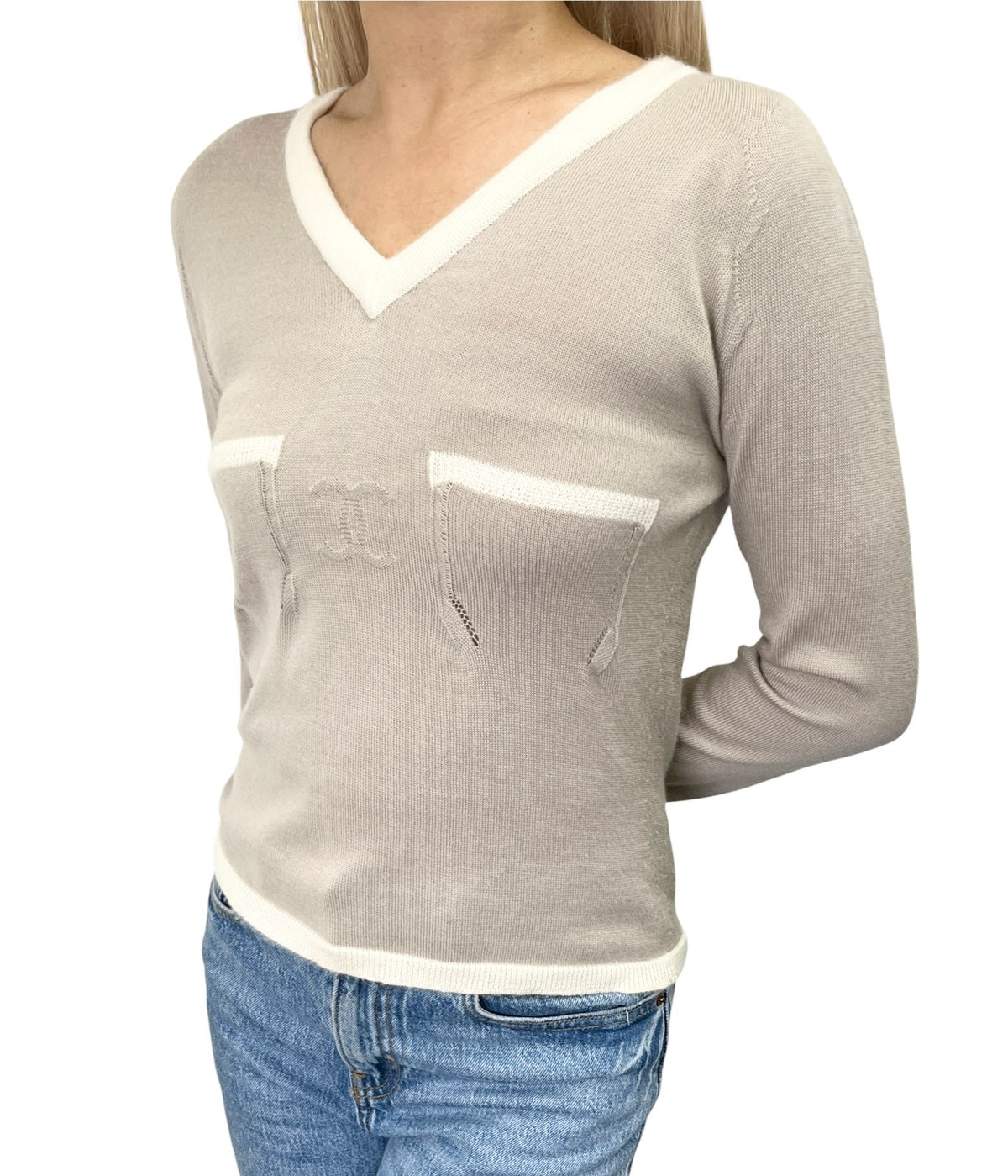 CHANEL Vintage 04C CC Logo Cashmere Knit Sweater Top #38 Beige Ivory 902362