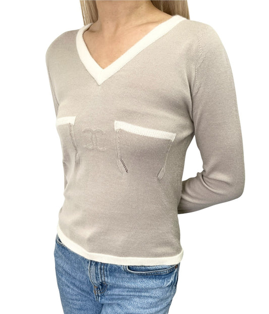 CHANEL Vintage 04C CC Logo Cashmere Knit Sweater Top #38 Beige Ivory 902362