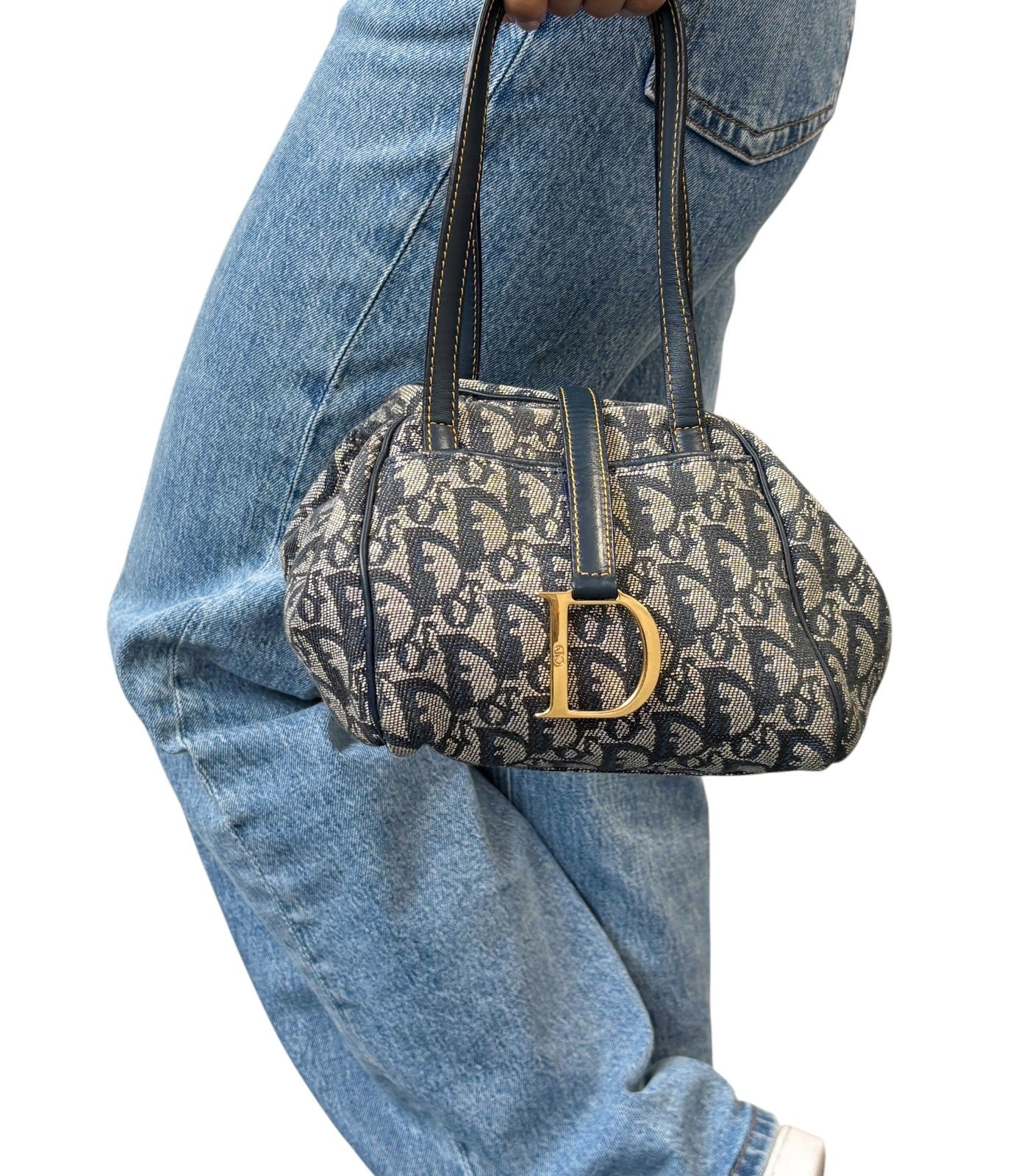 Christian Dior Vintage 2001 Trotter Monogram Mini D Charm Bag Handbag Blue 90128