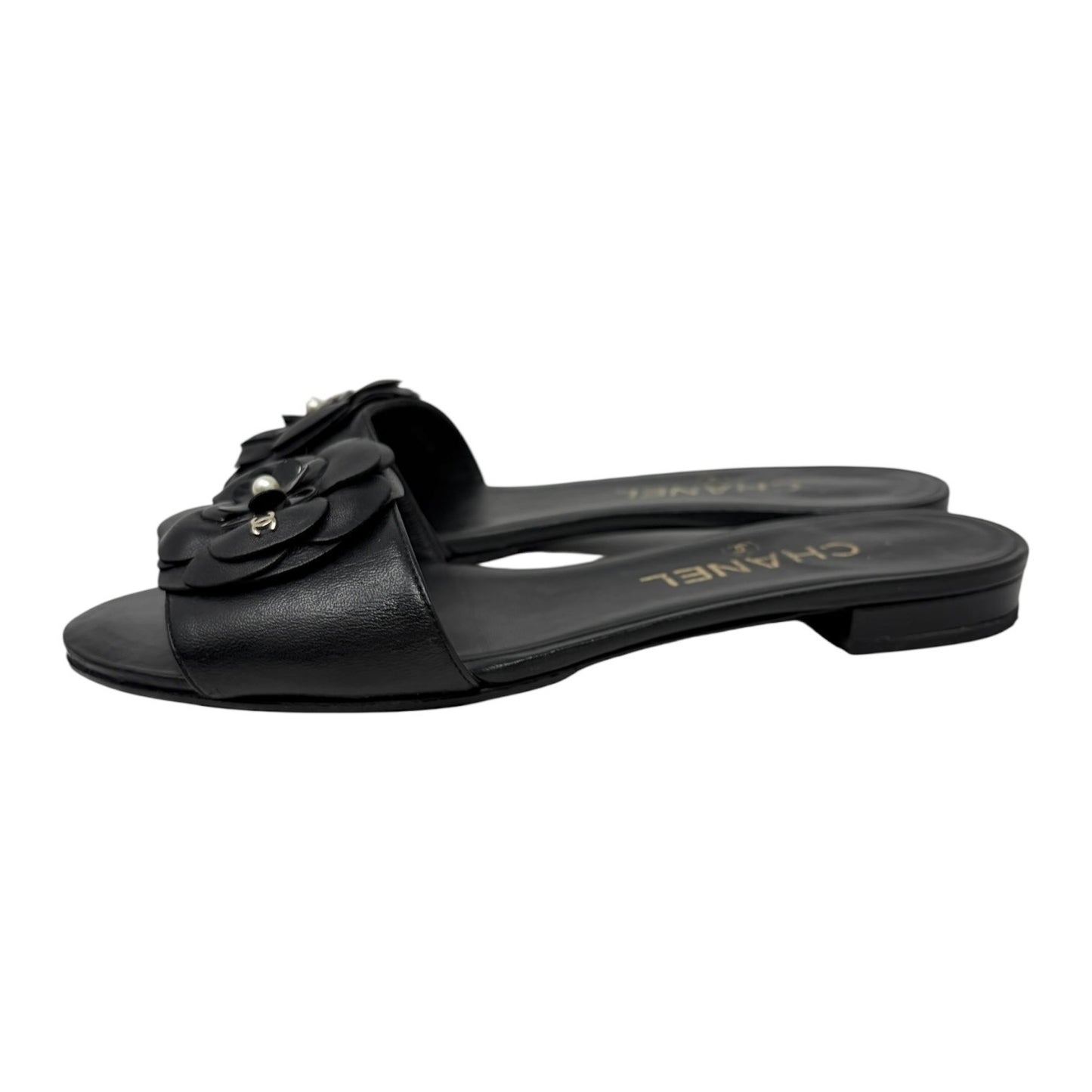 CHANEL Vintage CC Logo Camellia Leather Flat Slide Sandals #36.5 Black