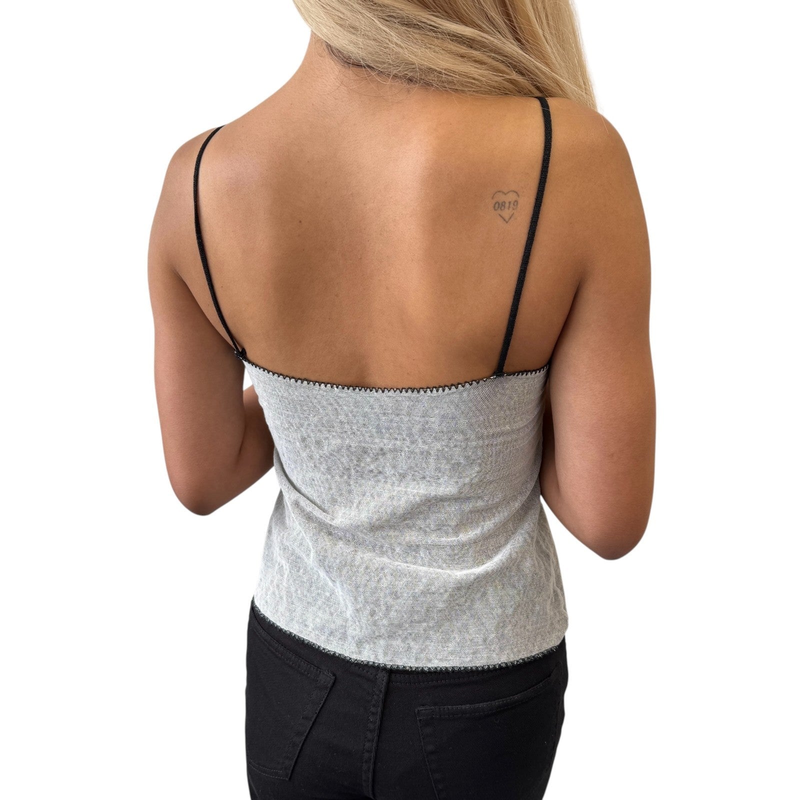 CHANEL Vintage 04P CC Logo No.5 Overlay Mesh Camisole Top #40 Gray Cotton Lace