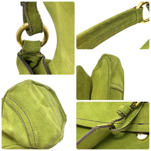 PRADA Vintage Logo Shoulder Bag Tote Handbag Suede Green Gold Luggage Tag